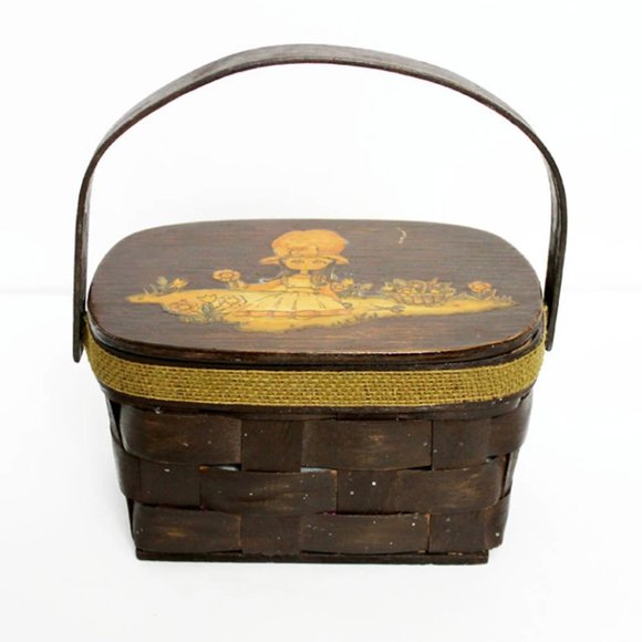 1960s Picnic Decoupage Basket Wooden Box Purse | 60s | Vintage | Bags | Purses - Picture 1 of 5